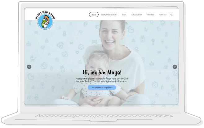 HappyMom-Baby-Website-Vorschau in Laptop-Illustration